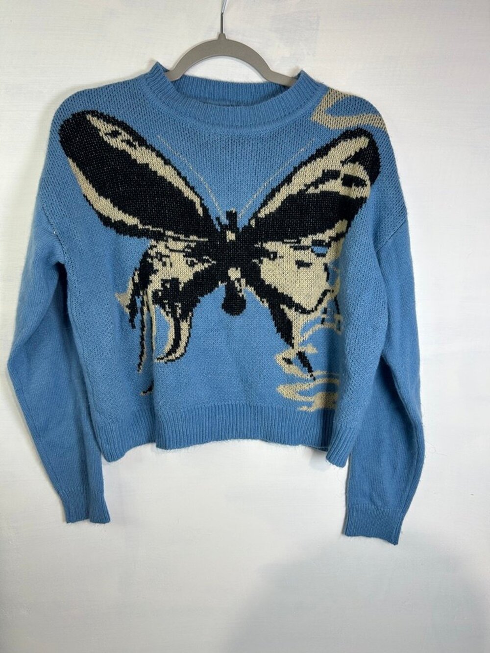 Blue Butterfly Knit Sweater Small Cropped Graphic Pullover Fairy Grunge Coquette